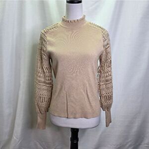 Sioni Tan Ruffle Neck Lace Sleeve Sweater Size Medium